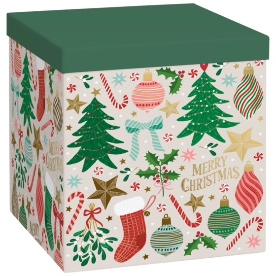 Geschenkbox „Charlize“ | 23×24×23 cm, 120 g/m², beige/dunkelgrün
