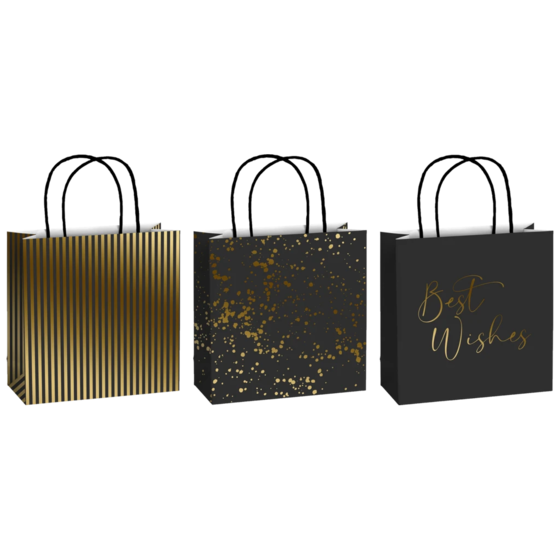 Geschenktaschen-Set „Sprenkel“ | 20×20×8 cm, 200 g/m², schwarz/gold, 3 Stück
