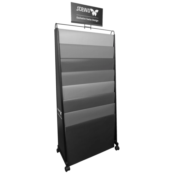 Bodendisplay „BG-Leiter 70x100“ | 750×1780×360 mm, RAL 9005, schwarz