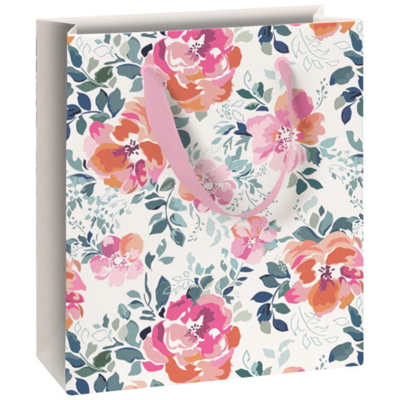 Geschenktasche „Roses“ | 18×21×8 cm, 180 g/m², weiß/hellrosa