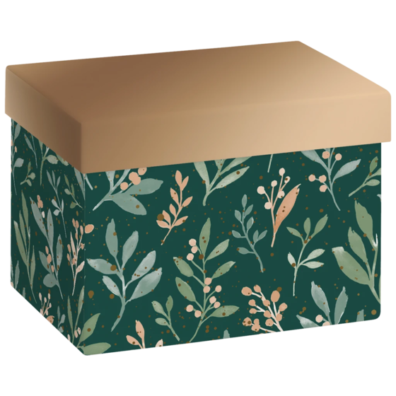 Geschenkbox „Arona“ | 12×12×16,5 cm, 120 g/m², dunkelgrün/bronzegold