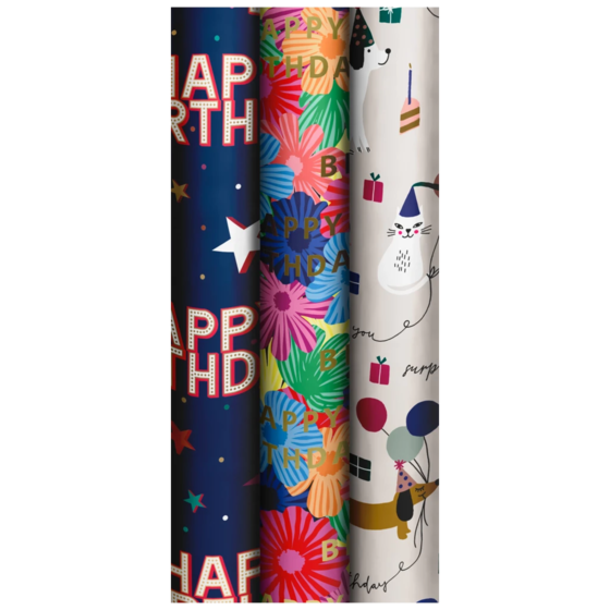 Papier cadeau « Party Star » | 70 cm × 1,5 m, 76 g/m², assortiment