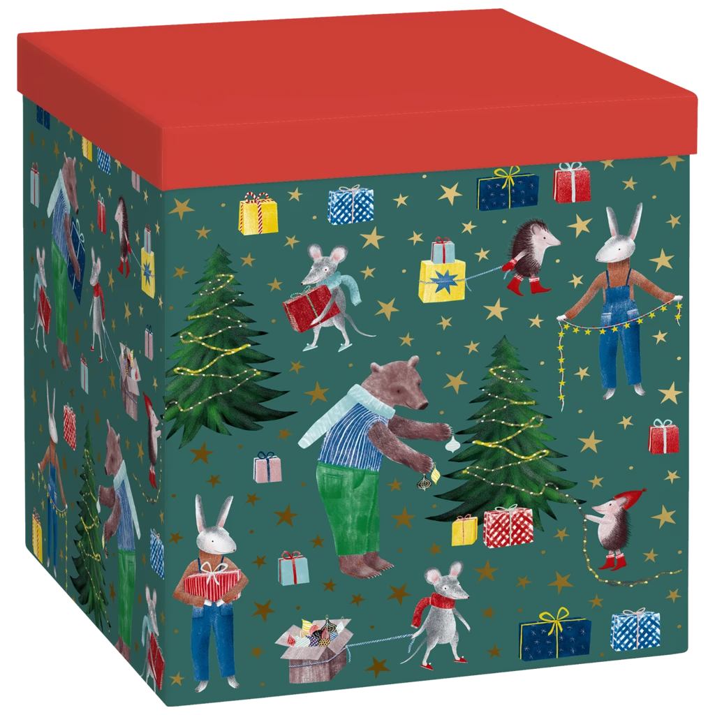 Geschenkbox „Melin“ | 23×24×23 cm, 120 g/m², rot/dunkelgrün