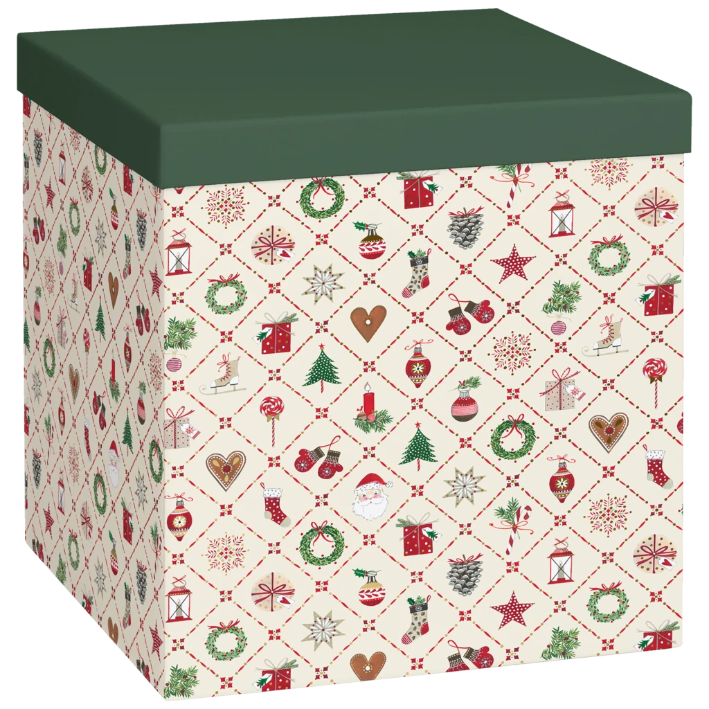 Geschenkbox „Kirsten“ | 23×24×23 cm, 120 g/m², beige/grün