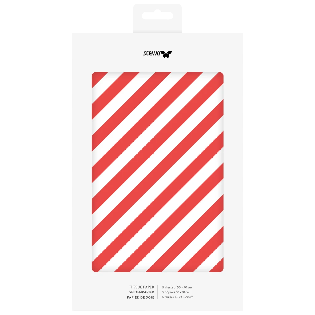 Seidenpapier „Stribe 2“ | 50×70 cm, 30 g/m², weiß/rot, 5 Stück