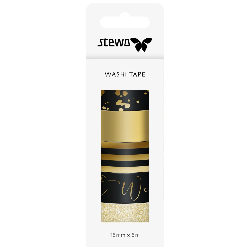 Deko Tapes „Sprenkel“ | 15 mm, schwarz/gold, 5 Stück