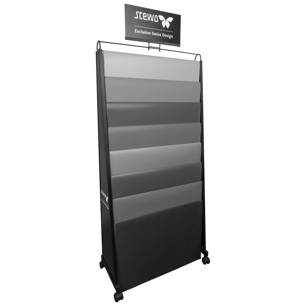 Bodendisplay „BG-Leiter 70x100“ | 750×1780×360 mm, RAL 9005, schwarz